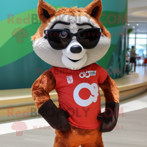 Red Raccoon mascot costume character dressed with a Swimwear and Sunglasses