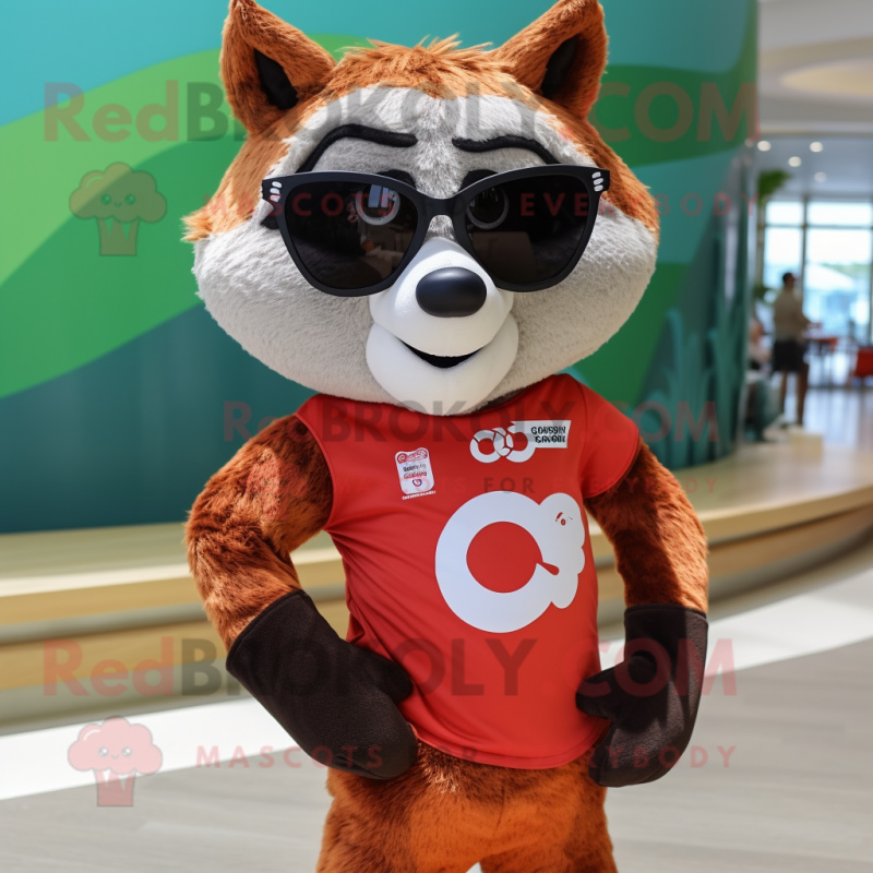 Red Raccoon mascot costume character dressed with a Swimwear and Sunglasses