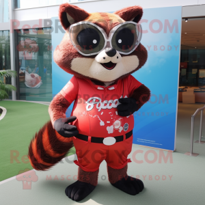 Red Raccoon mascot costume character dressed with a Swimwear and Sunglasses