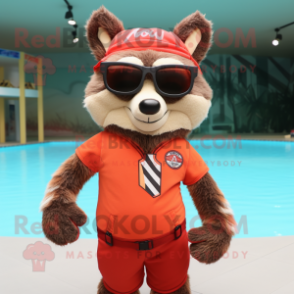 Red Raccoon mascot costume character dressed with a Swimwear and Sunglasses