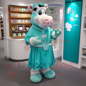 Cyan Hereford Cow mascot costume character dressed with a Dress and Coin purses