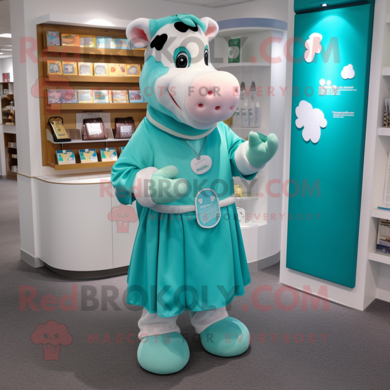 Cyan Hereford Cow mascot costume character dressed with a Dress and Coin purses Cyan Hereford Cow mascot costume character dressed with a Dress and Coin purses