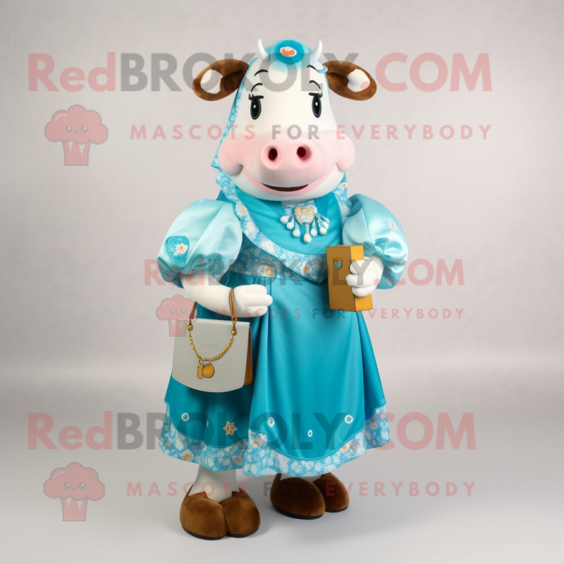 Cyan Hereford Cow mascot costume character dressed with a Dress and Coin purses