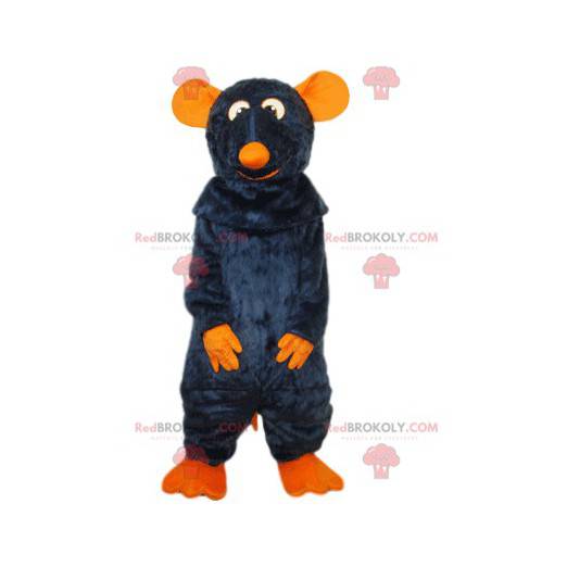 Grå råttmaskot, med en orange munkorg - Redbrokoly.com