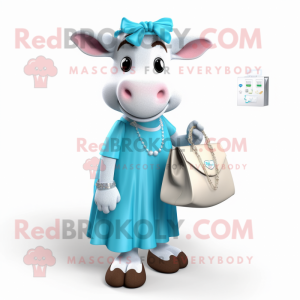 Cyan Hereford Cow mascot costume character dressed with a Dress and Coin purses