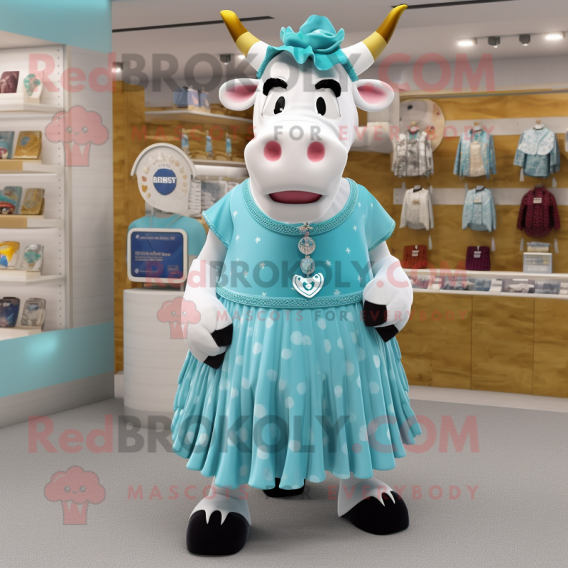 Cyan Hereford Cow mascot costume character dressed with a Dress and Coin purses