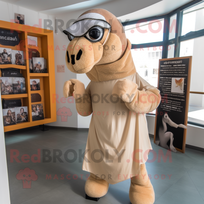 Beige Camel mascot costume character dressed with a Pencil Skirt and Scarves Beige Camel mascot costume character dressed with a Pencil Skirt and Scarves
