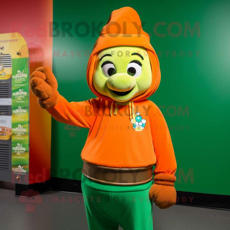 Orange Pot Of Gold mascot costume character dressed with a Sweatshirt and Mittens Orange Pot Of Gold mascot costume character dressed with a Sweatshirt and Mittens