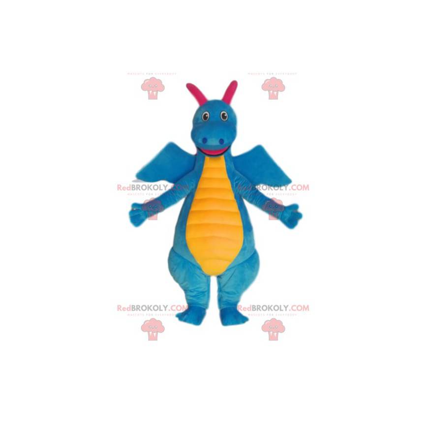 Mascota dinosaurio azul y amarillo muy sonriente. -