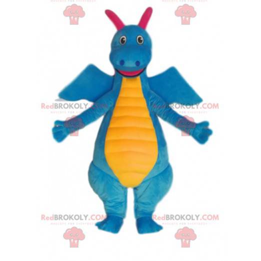 Very smiling blue and yellow dinosaur mascot. - Redbrokoly.com