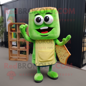 Lime Green Grilled Cheese Sandwich mascot costume character dressed with a Dungarees and Reading glasses