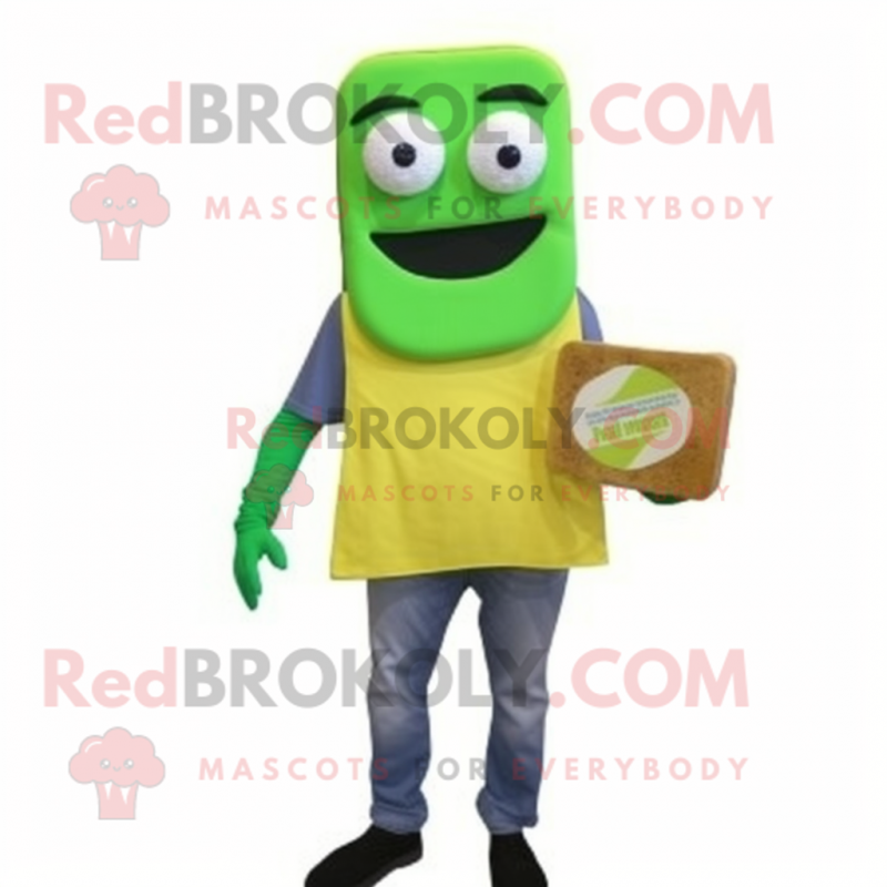 Lime Green Grilled Cheese Sandwich mascot costume character dressed with a Dungarees and Reading glasses