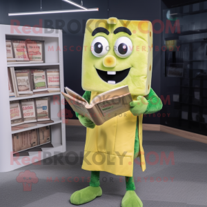Lime Green Grilled Cheese Sandwich mascot costume character dressed with a Dungarees and Reading glasses