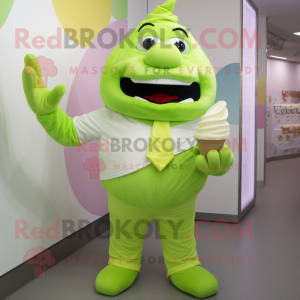 Lime Green Ice Cream mascot costume character dressed with a Poplin Shirt and Gloves