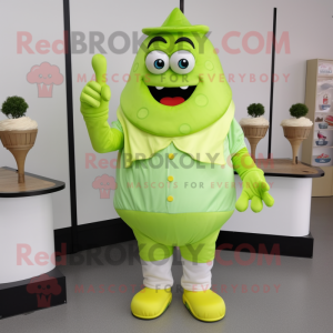 Lime Green Ice Cream mascot costume character dressed with a Poplin Shirt and Gloves