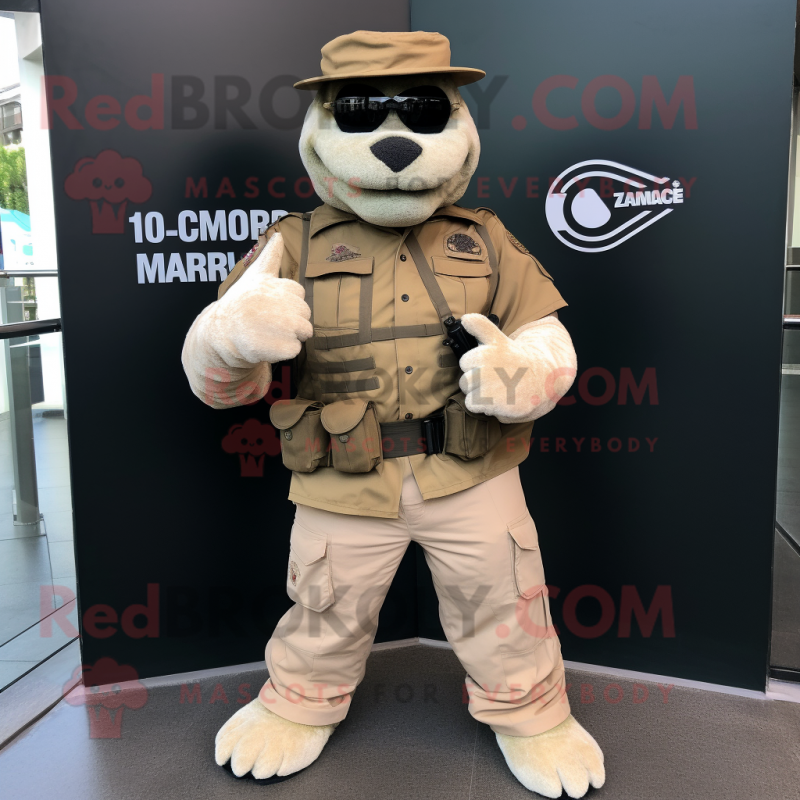 Cream Marine Recon mascot costume character dressed with a Corduroy Pants and Bracelets