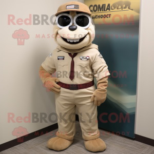 Cream Marine Recon mascot costume character dressed with a Corduroy Pants and Bracelets