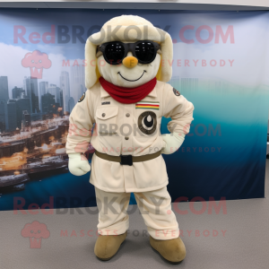 Cream Marine Recon mascot costume character dressed with a Corduroy Pants and Bracelets