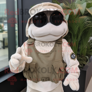 Cream Marine Recon mascot costume character dressed with a Corduroy Pants and Bracelets
