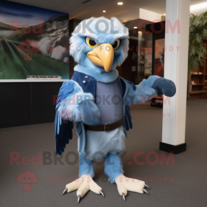 Sky Blue Haast'S Eagle mascot costume character dressed with a Bootcut Jeans and Belts