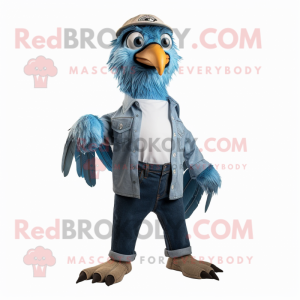 Sky Blue Haast'S Eagle mascot costume character dressed with a Bootcut Jeans and Belts