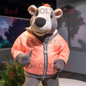 Peach Tapir mascot costume character dressed with a Windbreaker and Suspenders