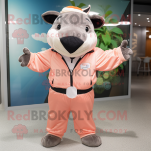 Peach Tapir mascot costume character dressed with a Windbreaker and Suspenders