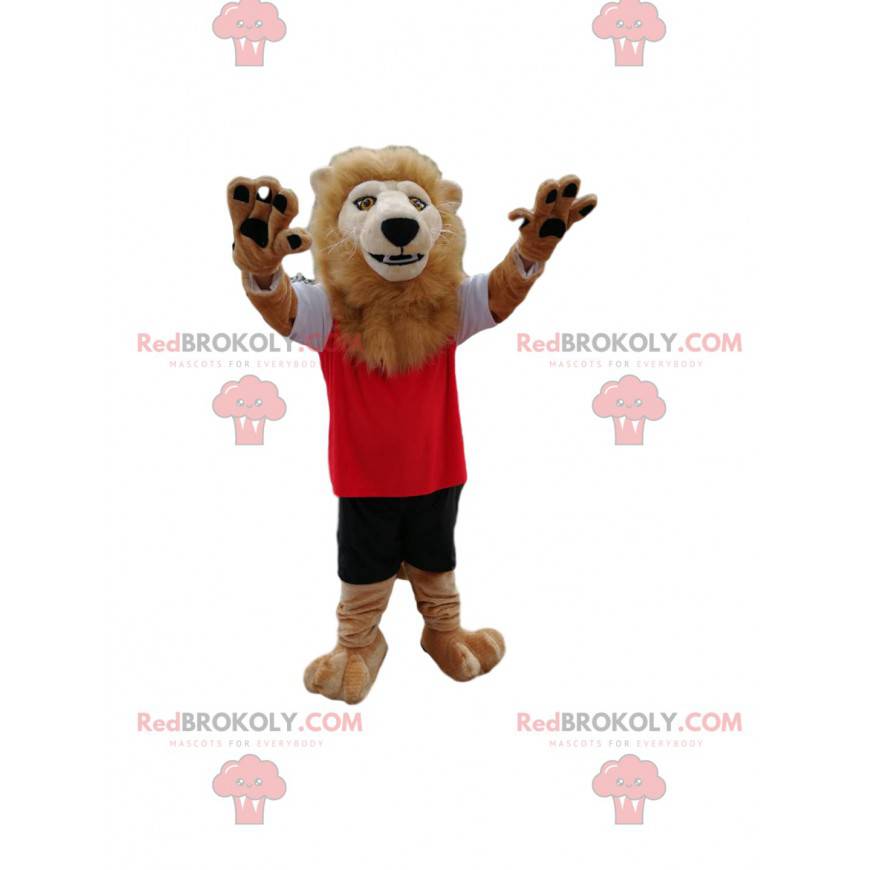 Lion mascot with his beautiful mane, in sportswear -