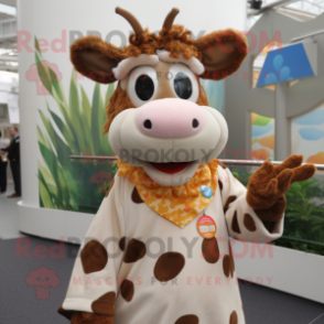 nan Jersey Cow mascot costume character dressed with a Circle Skirt and Mittens