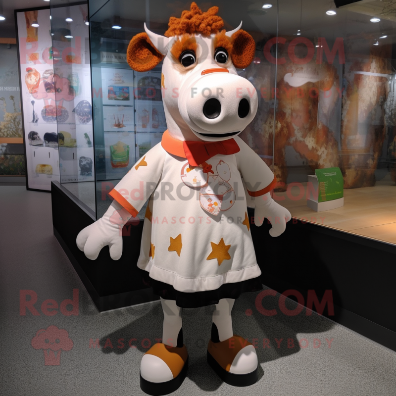 nan Jersey Cow mascot costume character dressed with a Circle Skirt and Mittens