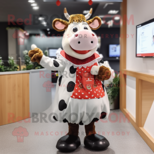 nan Jersey Cow mascot costume character dressed with a Circle Skirt and Mittens