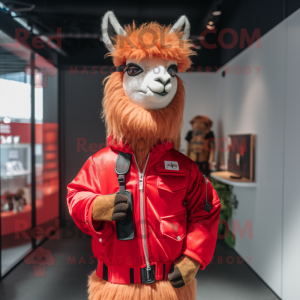 Red Llama mascot costume character dressed with a Bomber Jacket and Keychains
