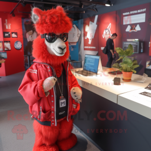 Red Llama mascot costume character dressed with a Bomber Jacket and Keychains