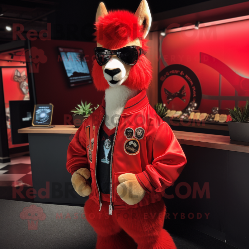 Red Llama mascot costume character dressed with a Bomber Jacket and Keychains Red Llama mascot costume character dressed with a Bomber Jacket and Keychains