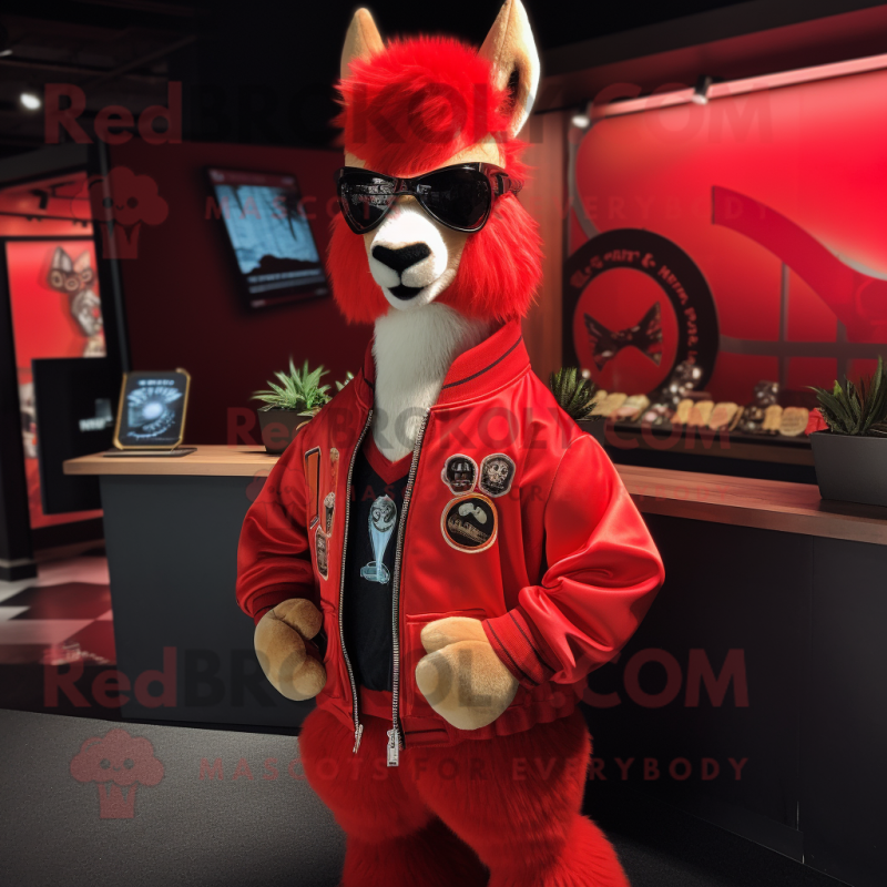 Red Llama mascot costume character dressed with a Bomber Jacket and Keychains