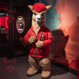 Red Llama mascot costume character dressed with a Bomber Jacket and Keychains