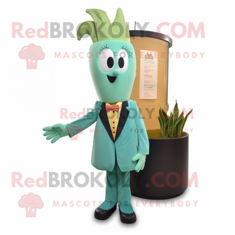 Teal Celery mascot costume character dressed with a Blazer and Hair clips