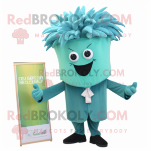 Teal Celery mascot costume character dressed with a Blazer and Hair clips
