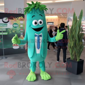 Teal Celery mascot costume character dressed with a Blazer and Hair clips