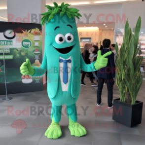 Teal Celery mascot costume character dressed with a Blazer and Hair clips