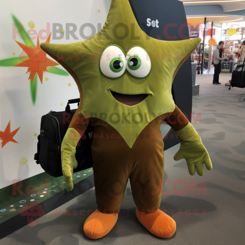 Olive Starfish mascot costume character dressed with a Dress Pants and Backpacks