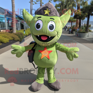 Olive Starfish mascot costume character dressed with a Dress Pants and Backpacks