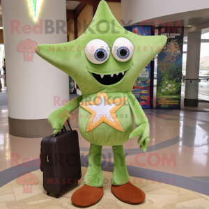Olive Starfish mascot costume character dressed with a Dress Pants and Backpacks