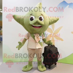 Olive Starfish mascot costume character dressed with a Dress Pants and Backpacks