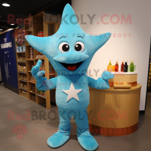 Cyan Starfish mascot costume character dressed with a Cocktail Dress and Beanies