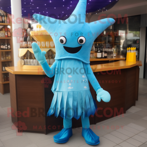 Cyan Starfish mascot costume character dressed with a Cocktail Dress and Beanies