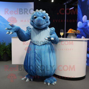 Blue Glyptodon mascot costume character dressed with a Cocktail Dress and Mittens