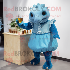 Blue Glyptodon mascot costume character dressed with a Cocktail Dress and Mittens