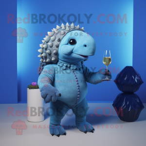 Blue Glyptodon mascot costume character dressed with a Cocktail Dress and Mittens
