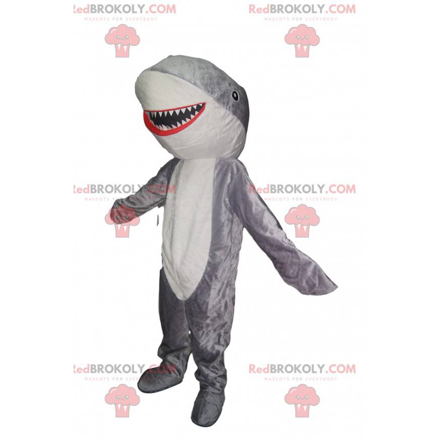 Mascotte squalo grigio e bianco molto felice. Costume da squalo